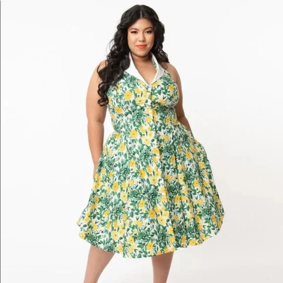 green emerald velvet dress Women's Fallon Multi Print Chartreuse Cotton Swing Dress | Color: Lime Green | Size: L main image 0